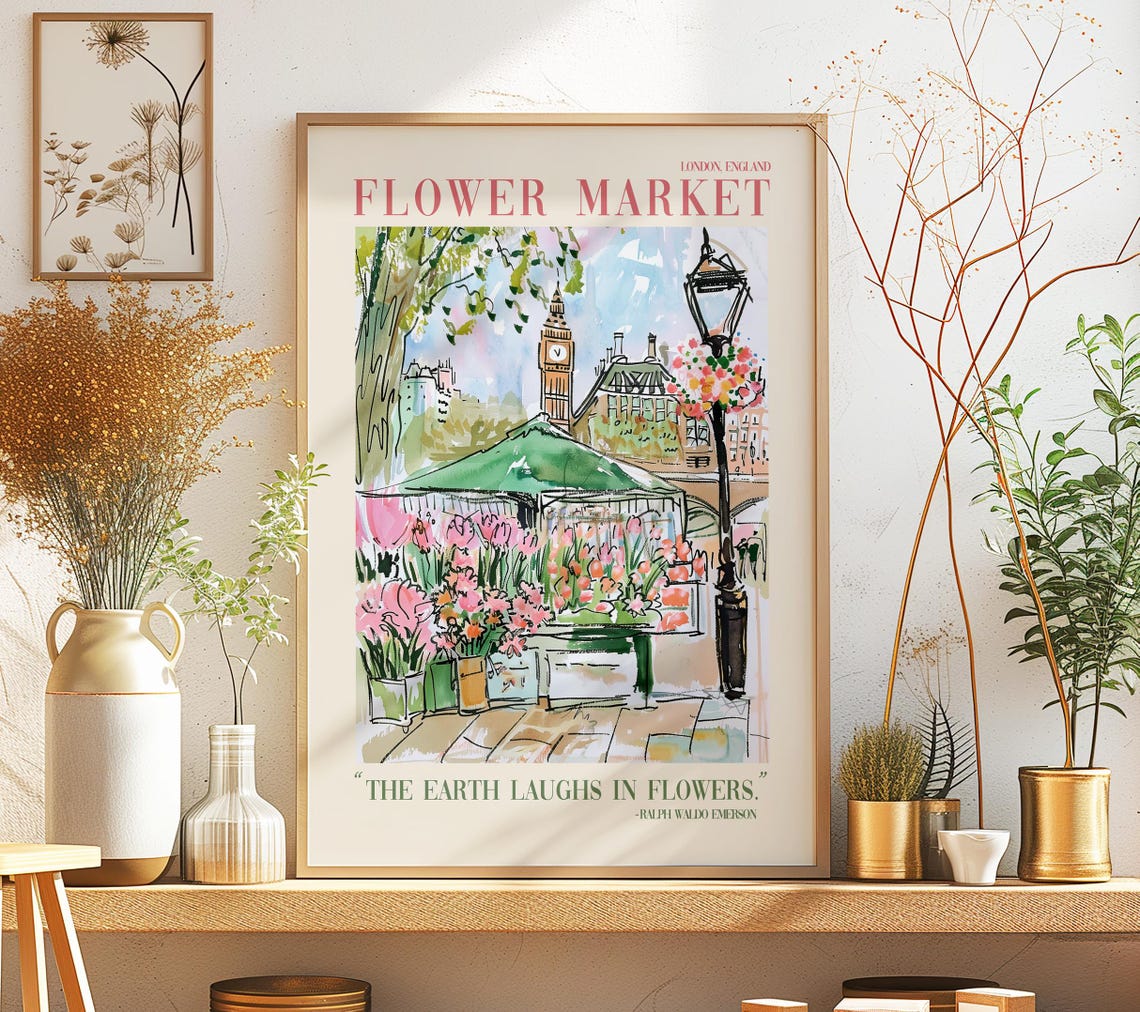 London Flower Market Colorful Painted Art Print Artsy Trendy England Wall Painting Nature Quote Travel Home Decor Gift