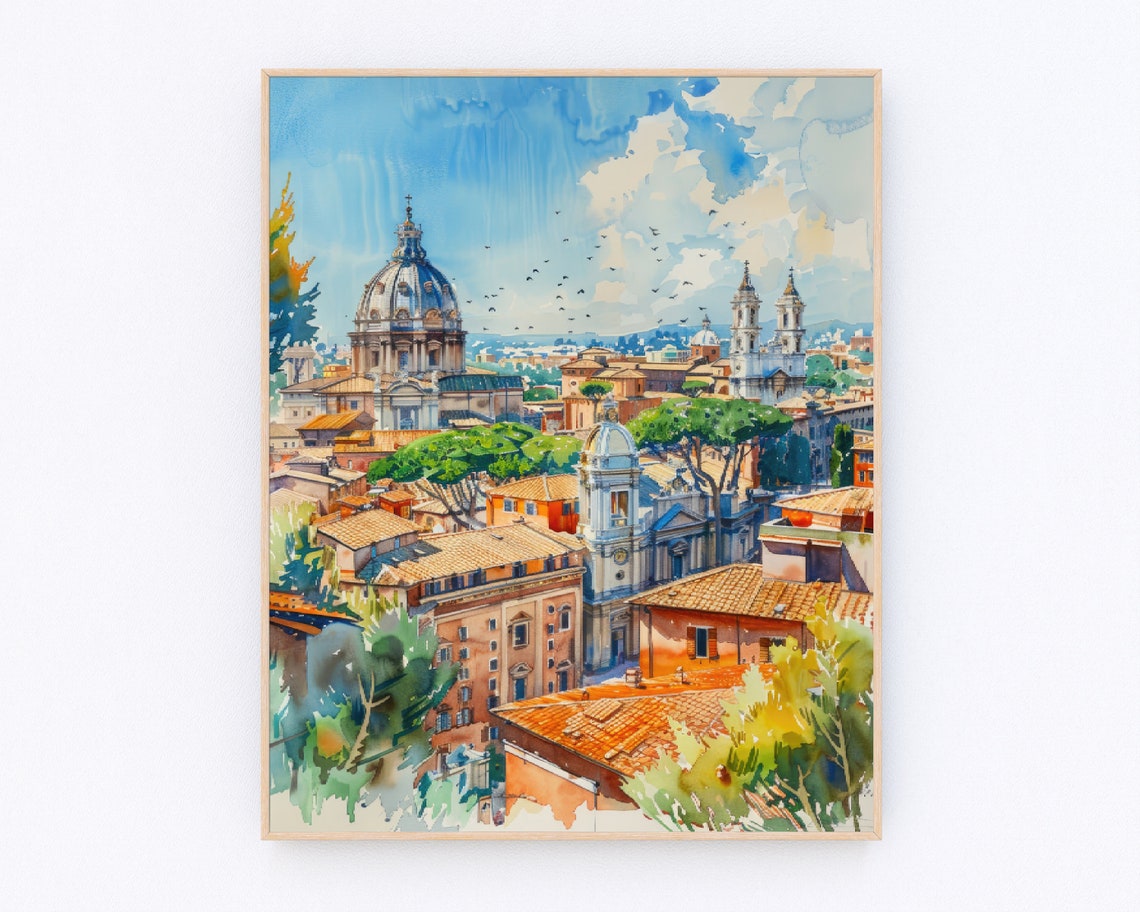 Rome Historic Rooftops with Church Domes Watercolor Travel Poster