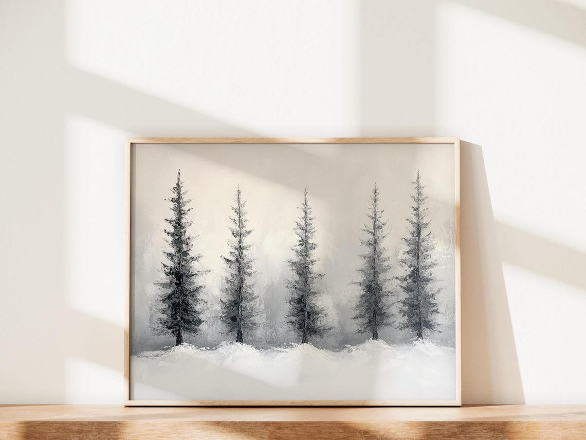 Black and White Winter Pine Trees Snow Minimalist Art Poster - Image 2