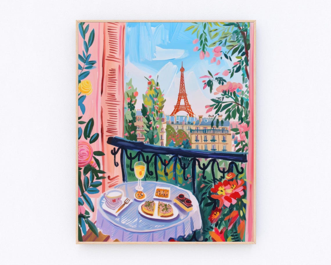 Paris Balcony Breakfast Eiffel Tower View Watercolor Travel Poster