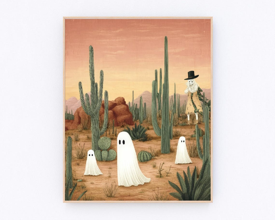 Cowboy Ghosts in Desert Cactus Sunset Western Halloween Poster