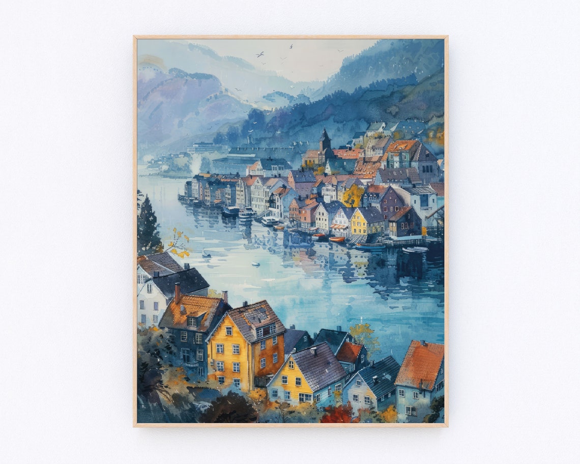 Bergen Scandinavian Landscape Poster Bergen Scandinavian Watercolor Painting Norway Wall Art Europe Poster Travel Gift P529
