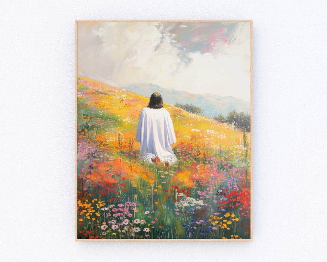 Jesus Prays In Wildflowers Painting Jesus Painting Jesus Disciples Poster Bible Art Christian Prayer Wall Art Catholic Gifts P442