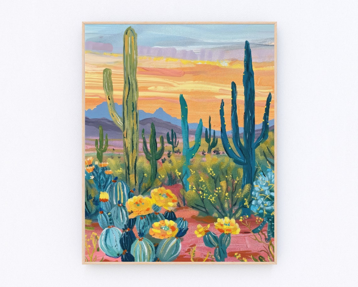 Desert Saguaro Cactus Sunset with Blooming Wildflowers Poster