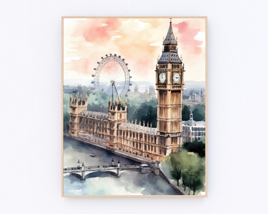 London Big Ben and London Eye Sunset Watercolor Cityscape Poster