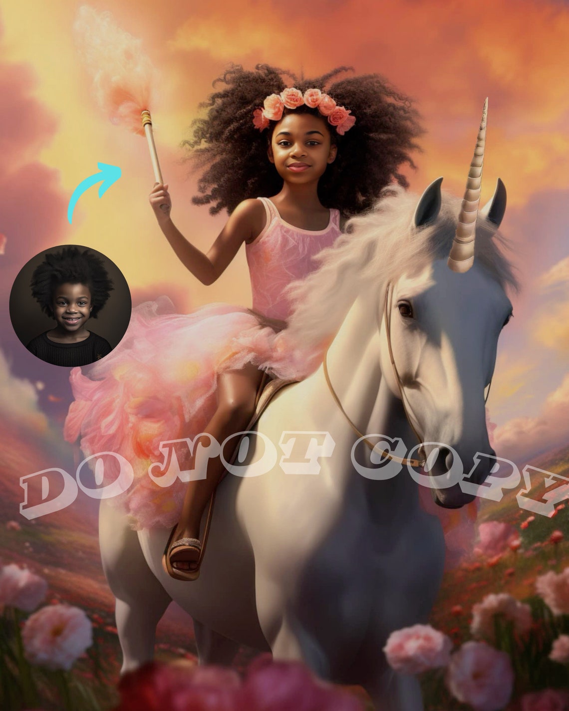 Custom Princess Portrait Girl Riding Unicorn Sunset Magic Print - Image 2