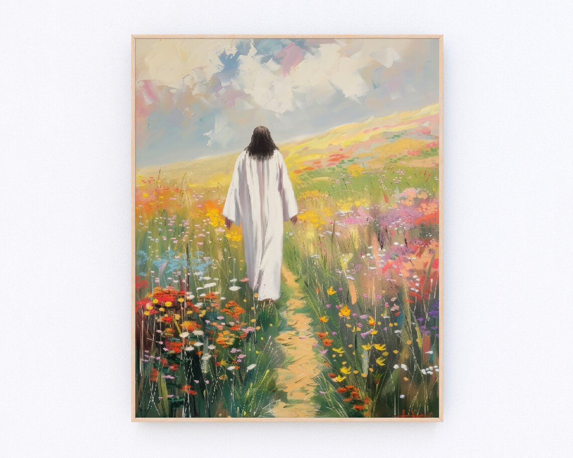Jesus Walking Into Wildflower Meadow Impressionist Christian Art Poster