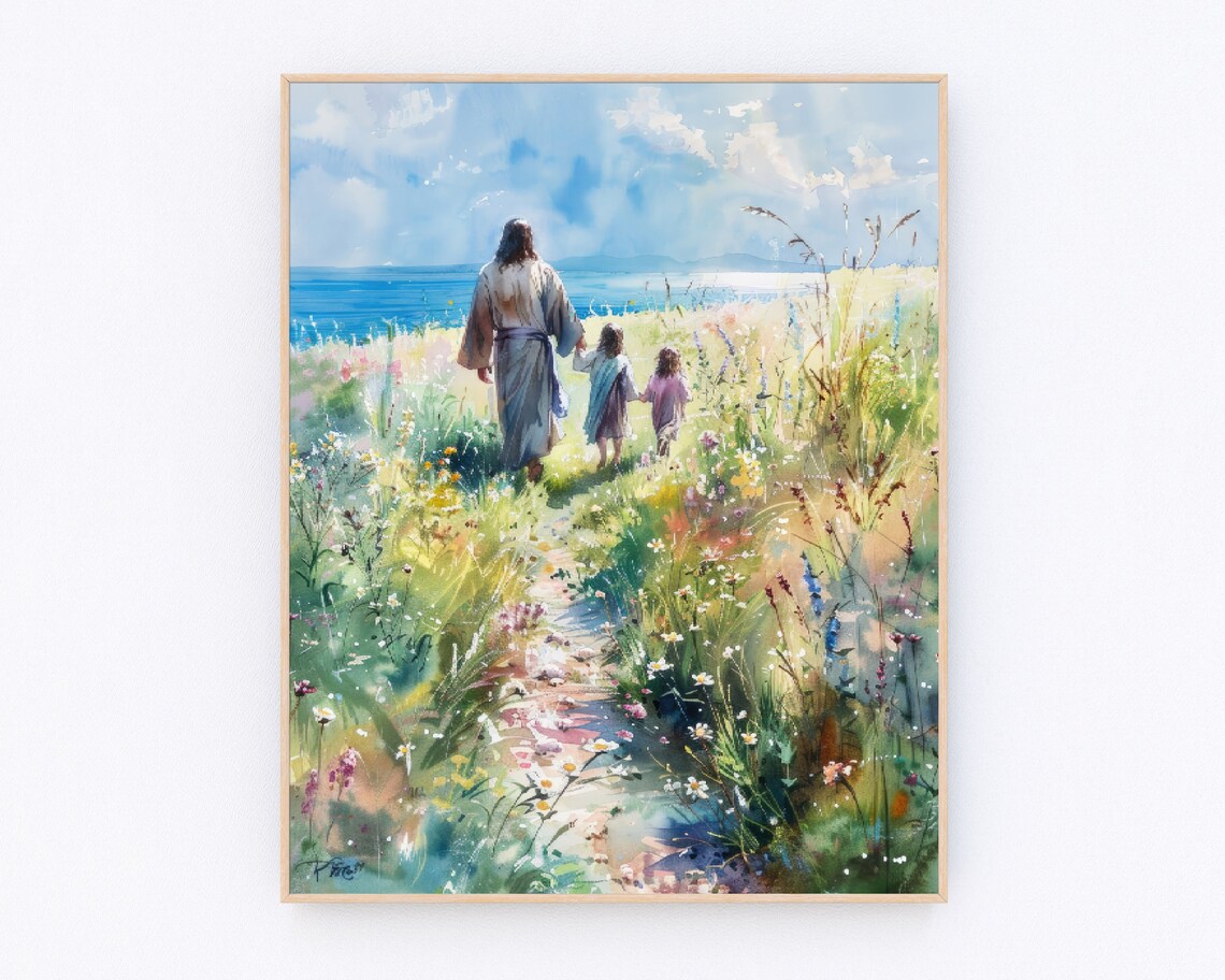 Jesus Walking With Children Wildflower Path Seaside Christian Art Print