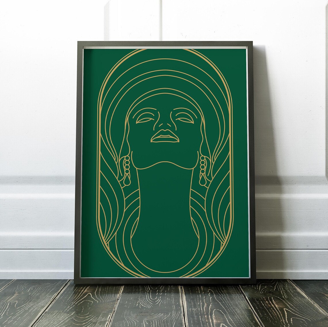 Emerald Green Art Deco Woman Front Face Gold Linework Decor Poster - Image 2