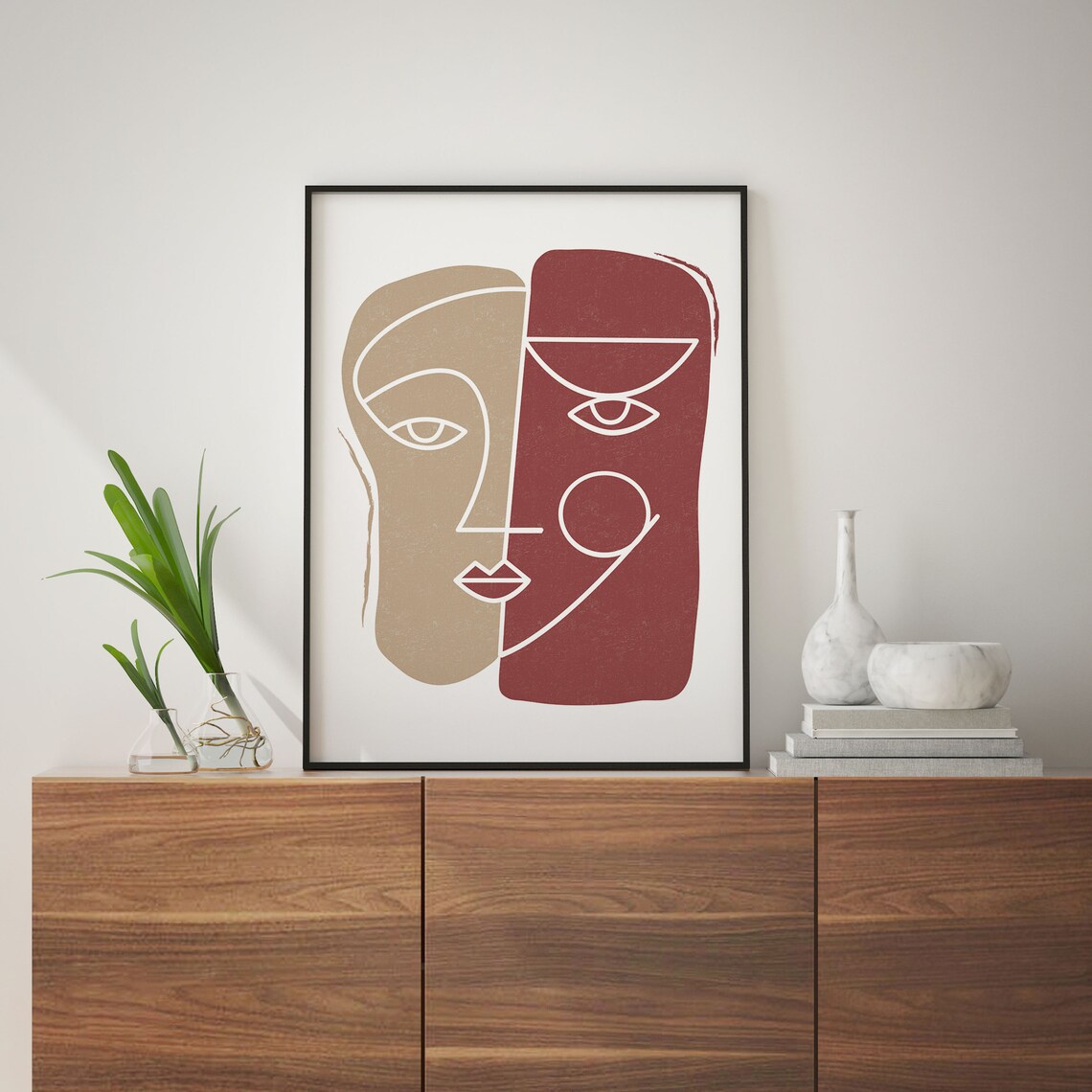 Abstract Two Faces Line Art in Beige and Terracotta Art Poster - Image 2