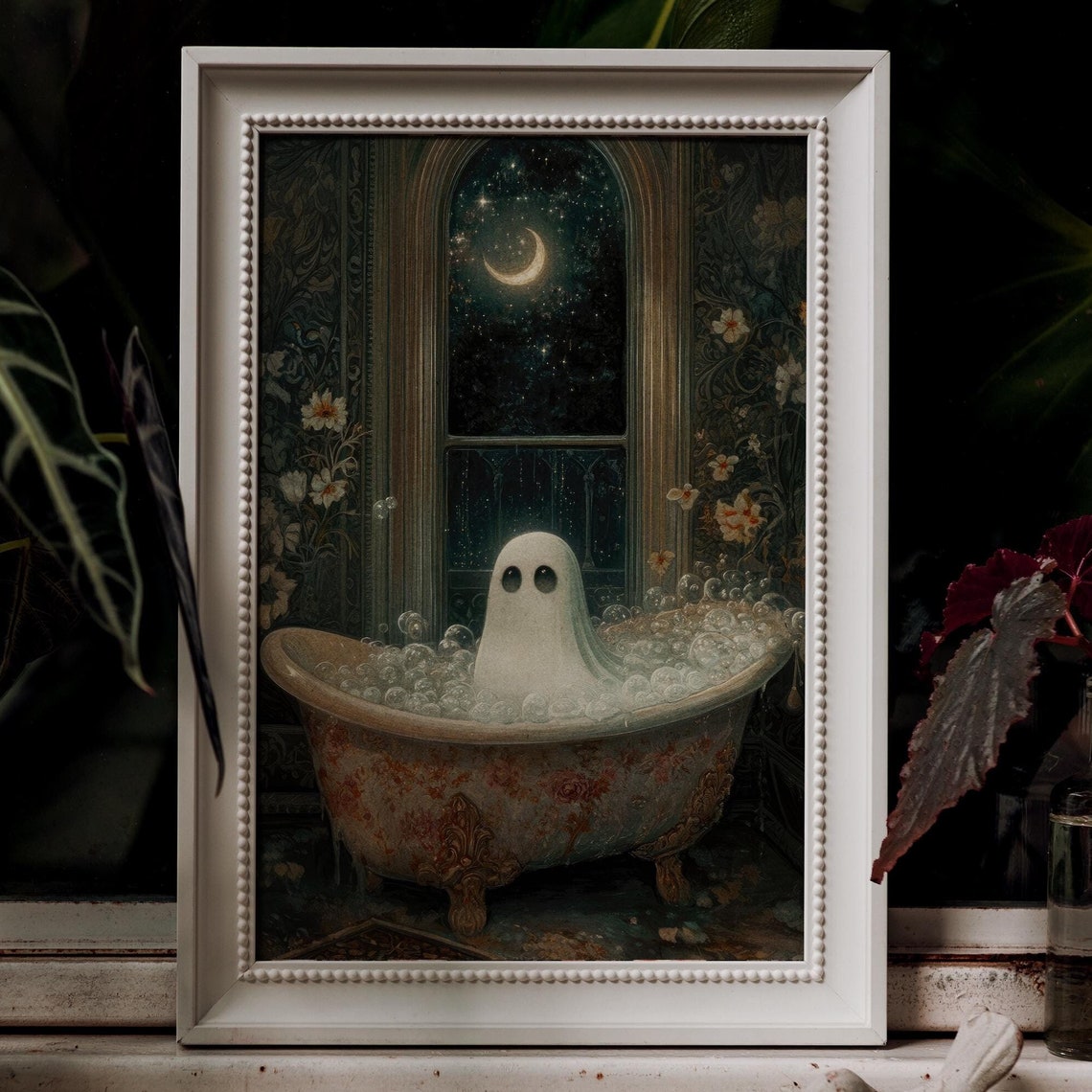 Cute Ghost Bubble Bath Victorian Night Moon Halloween Art Poster - Image 2