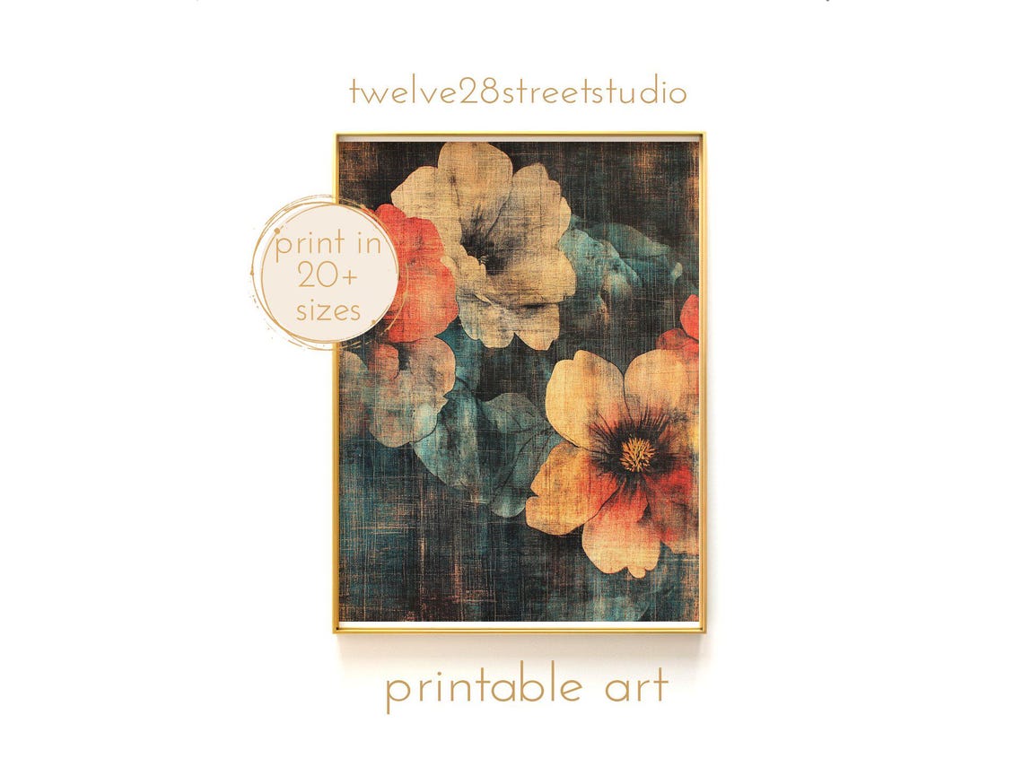 Rustic Vintage Peony Blooms Dark Teal Textured Floral Botanical Poster