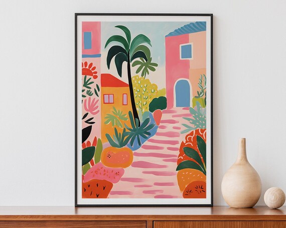 Colorful Mediterranean Coastline Illustration Summer Travel Wall Art