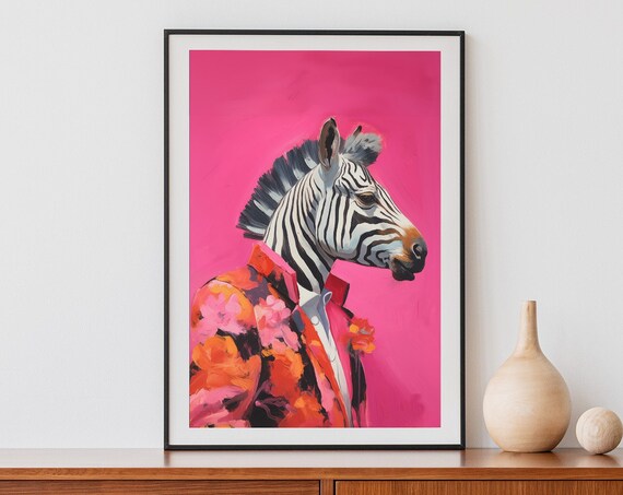 Funky Zebra Portrait Print Animal Poster Eclectic Decor Maximalist Wall Art Pink Floral Quirky Unique Illustration