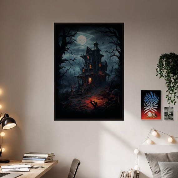 Haunting Shadows Gothic Mansion Poster Eerie Haunted House Wall Art Dark Fantasy Full Moon Landscape Print Spooky Halloween Decor