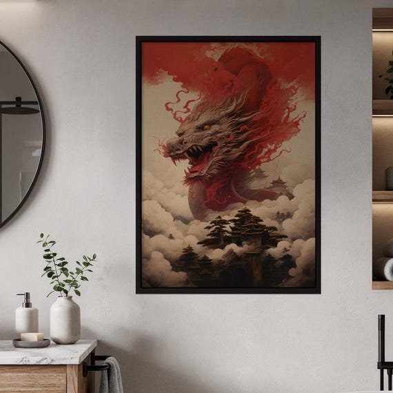 Red Chinese Dragon Fantasy Poster With Pagodas in Swirling Clouds