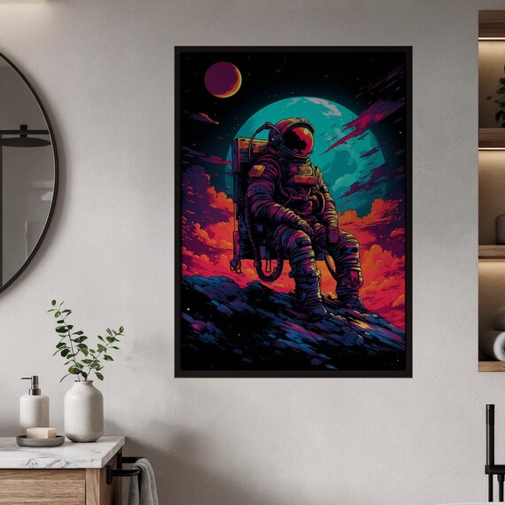 Astronaut on Rocky Terrain Synthwave Space Poster With Neon Clouds