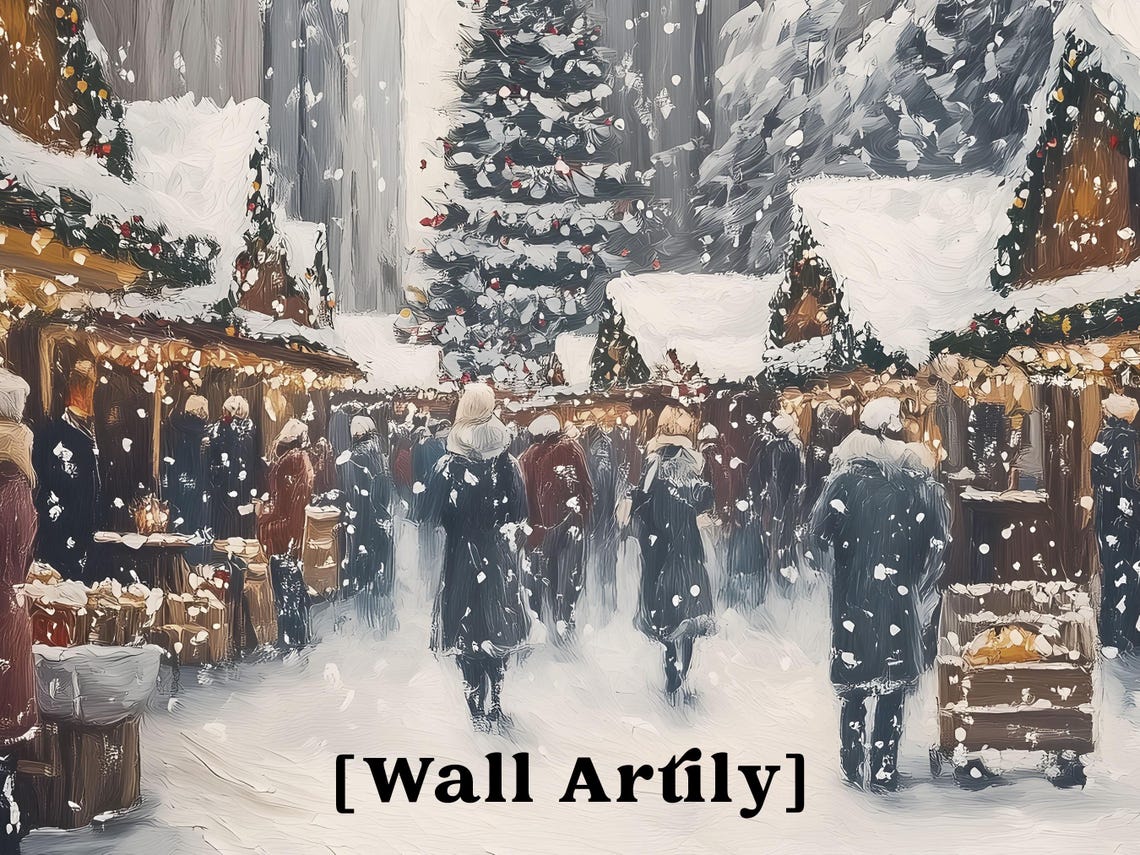 Snowy Christmas Market Street With Stalls And Shoppers Poster - Image 2