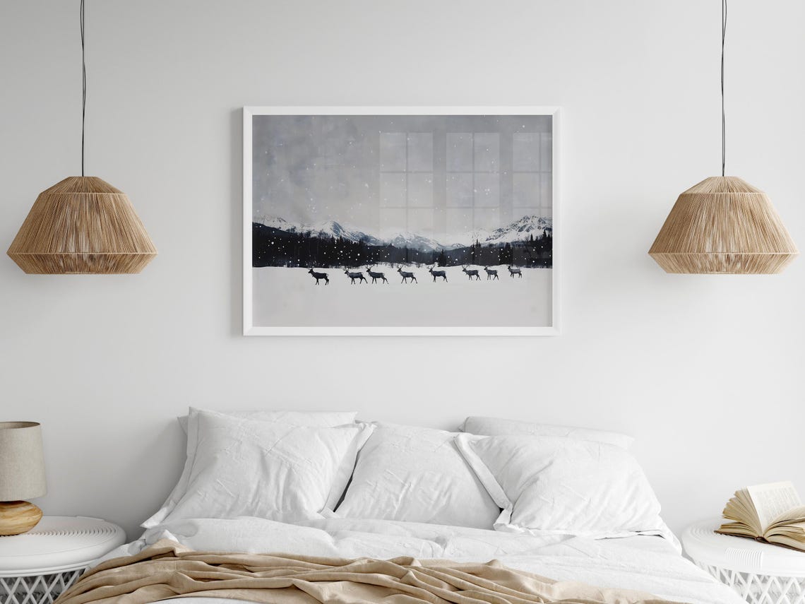 Reindeer Herd Crossing Snowy Plain Mountain Winter Wildlife Poster - Image 2