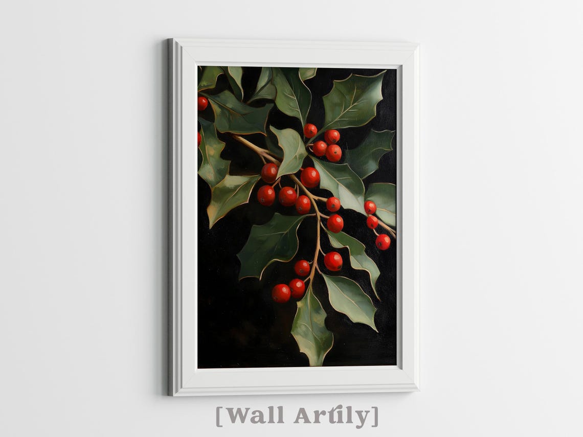 Moody Holly Branch With Red Berries On Dark Background Oil Poster - Image 2