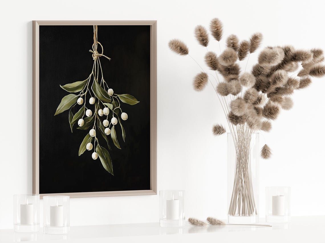 Hanging Mistletoe With White Berries On Black Background Poster - Image 3