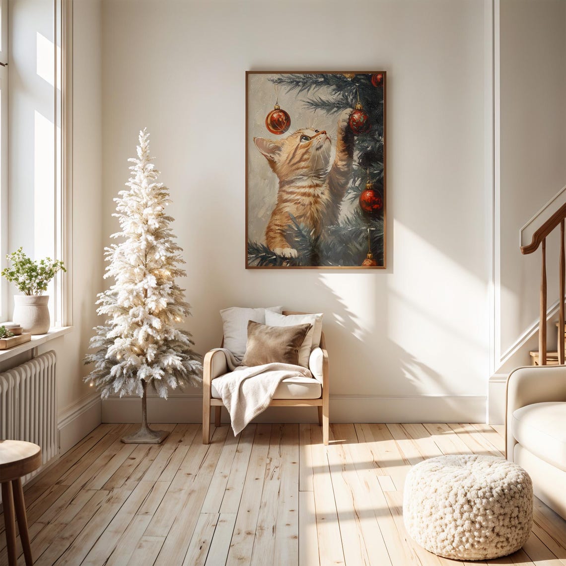 Curious Cat Reaching For Christmas Ornaments Close Up Poster - Image 4