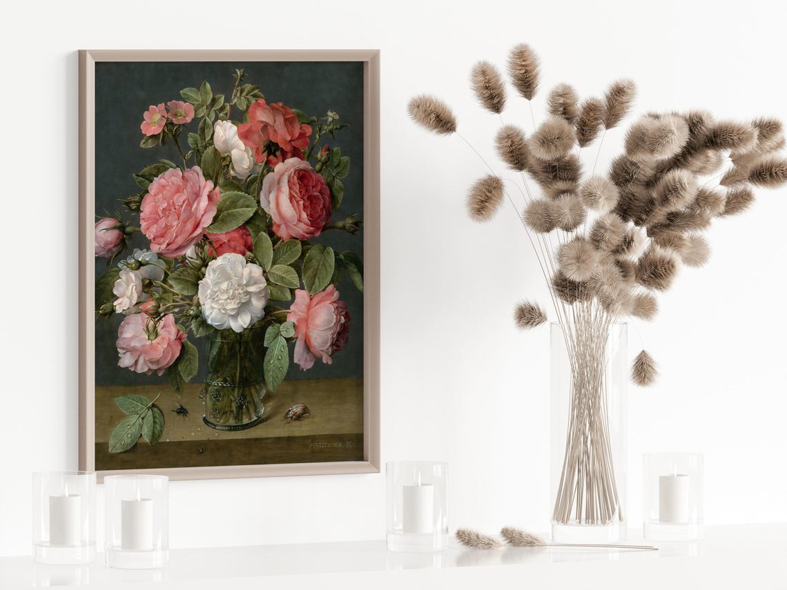 Antique Roses Glass Vase Old Master Floral Still Life Poster - Image 4