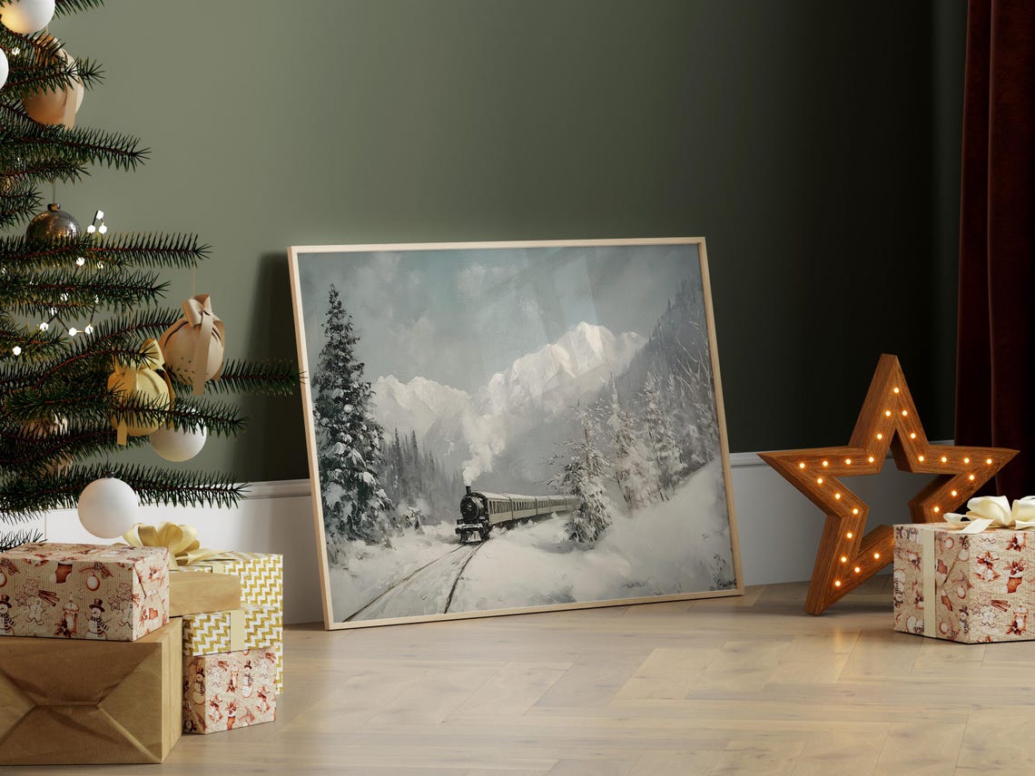 Vintage Steam Train Snowy Mountain Winter Christmas Railway Poster - Image 7