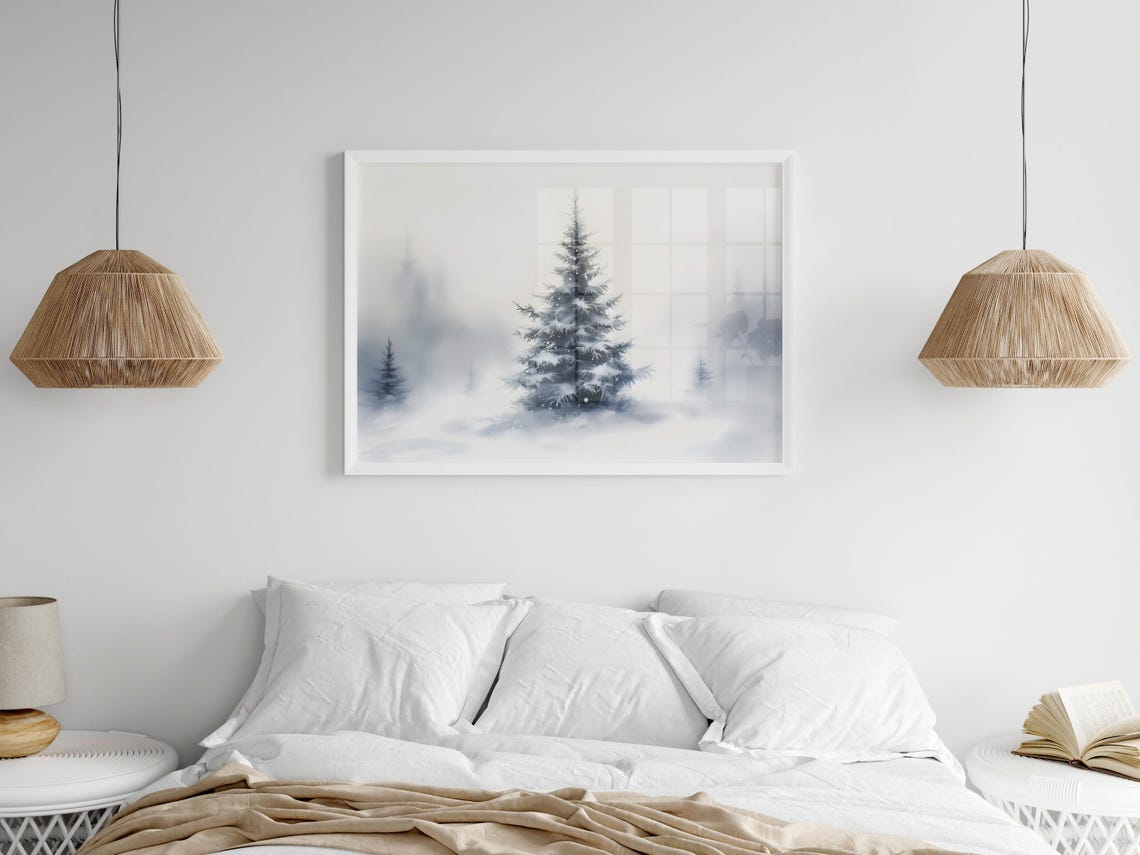 Misty Snowy Pine Tree Foggy Winter Forest Watercolor Decor Poster - Image 2