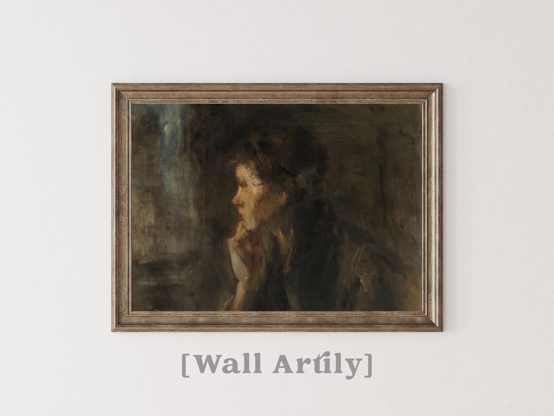 Moody Dark Oil Portrait Woman Profile Dramatic Antique Decor Poster - Image 3