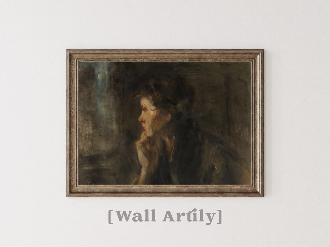 Vintage Portrait Of A Lady Wall Art Antique Oil Painting Moody Neutral Warm Farmhouse Wall Decor Print - Image 3