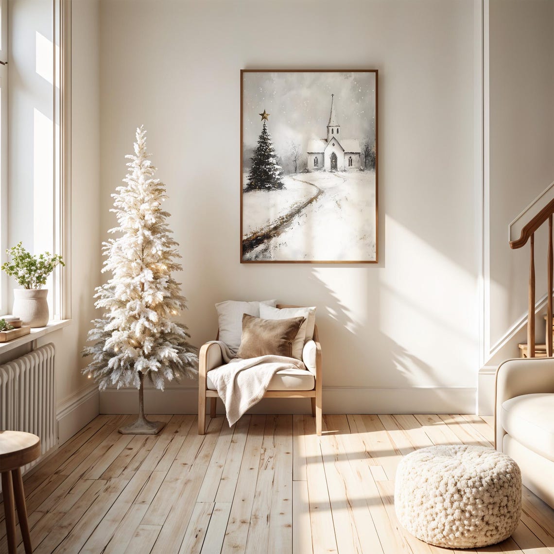 Vintage Snowy White Church And Christmas Tree Winter Painting Poster - Image 7