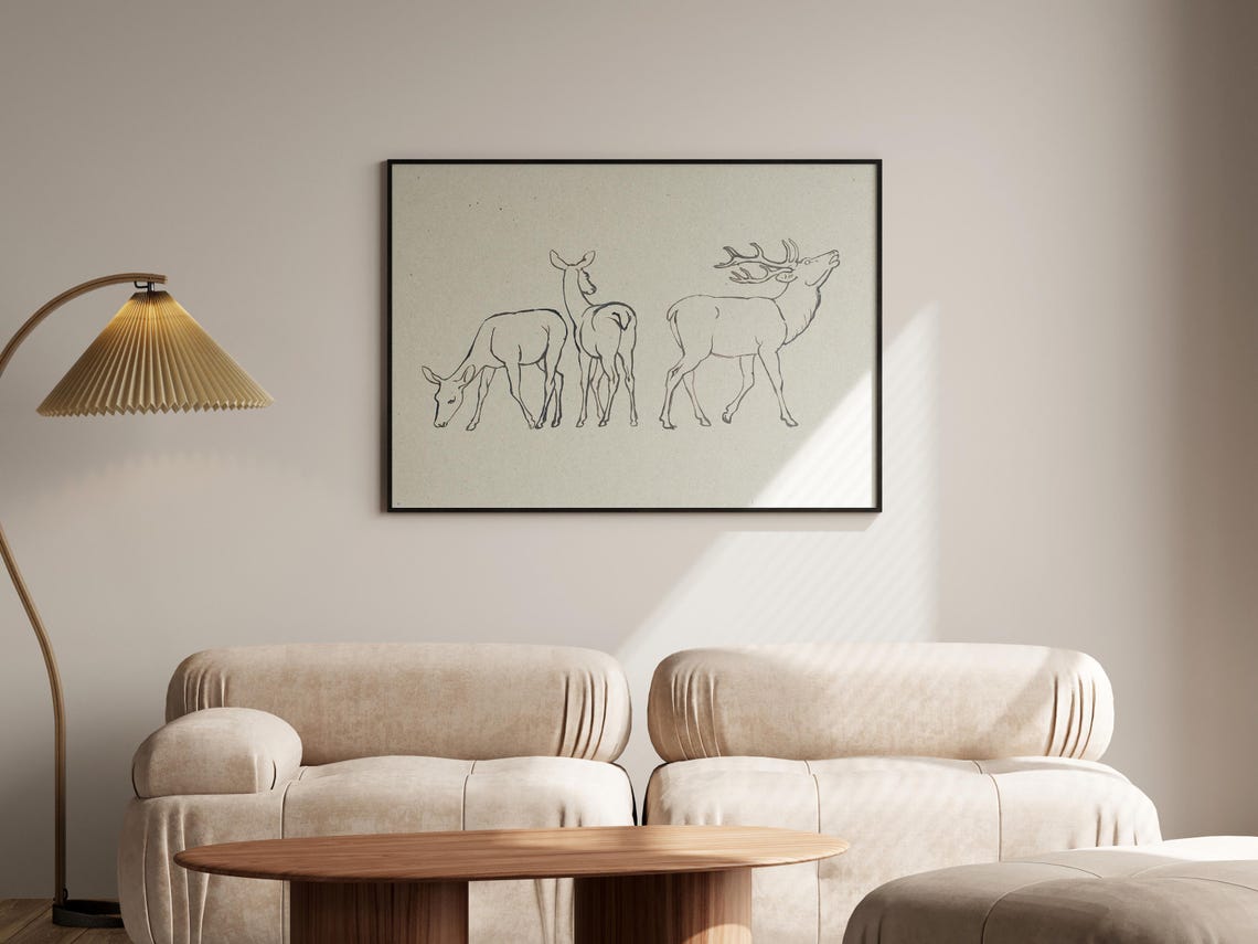 Deer Stag And Does Minimalist Line Drawing Rustic Animal Poster - Image 7