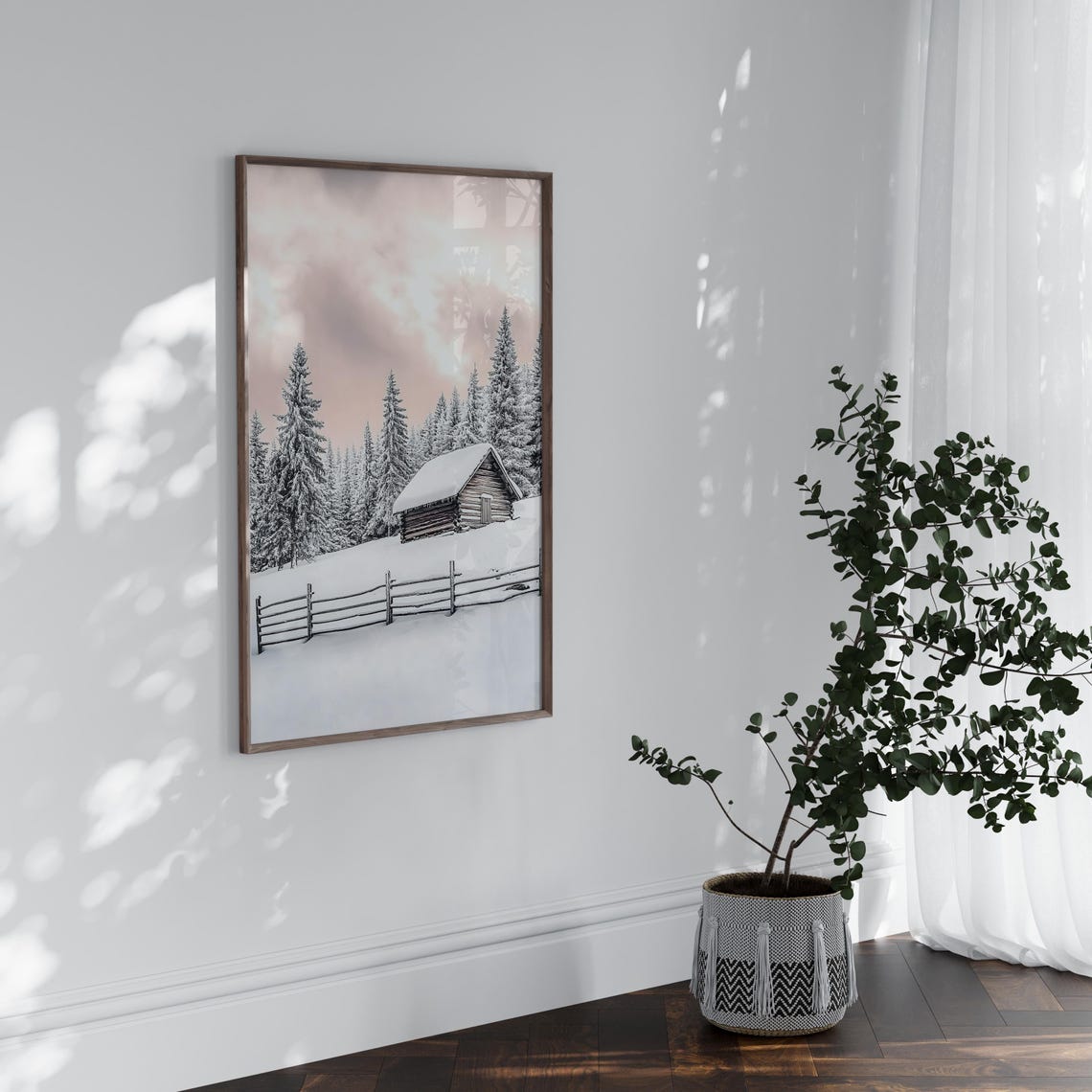 Snowy Log Cabin Winter Forest Pink Sky Mountain Scene Poster - Image 2