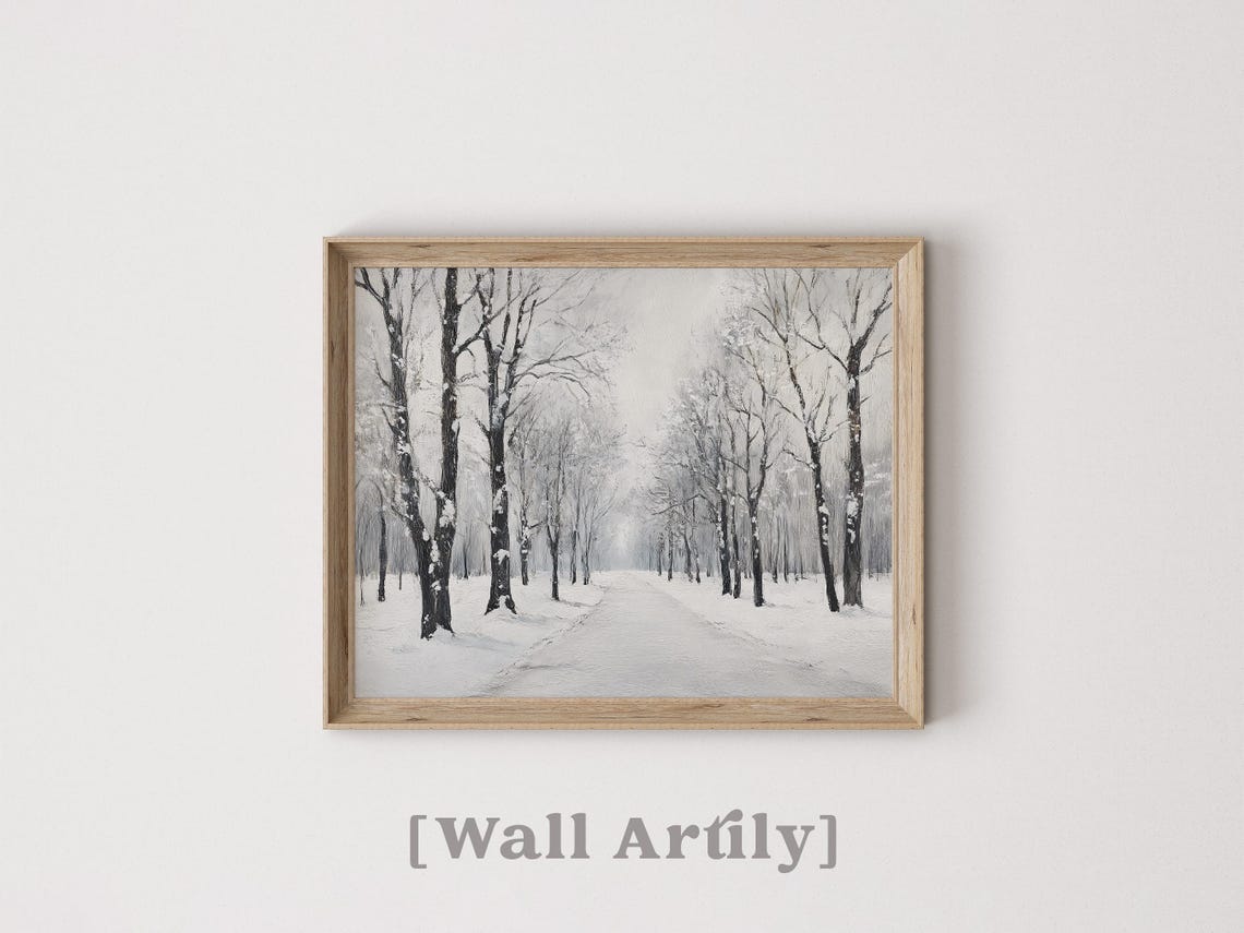 Snowy Bare Trees Lining A Misty Winter Path Monochrome Poster - Image 4