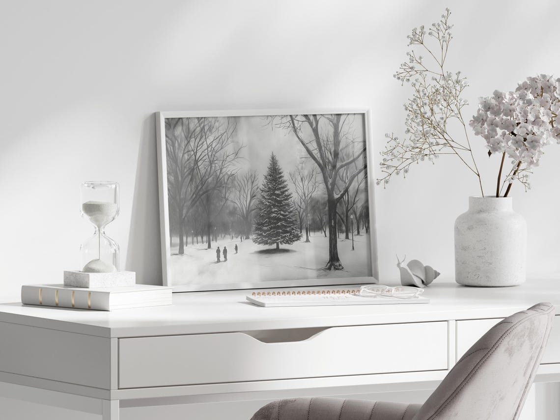 Monochrome Pencil Sketch Snowy Park Christmas Tree Drawing Poster - Image 2