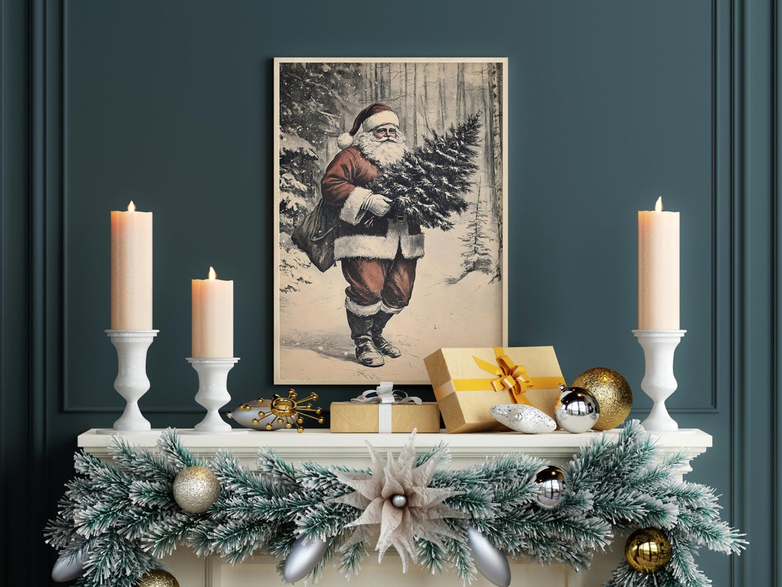 Vintage Santa Carrying Christmas Tree Through Snowy Forest Poster - Image 5