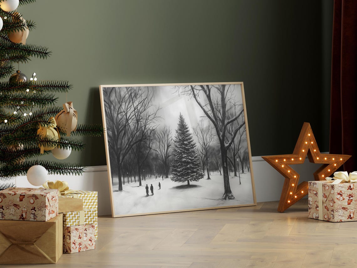 Monochrome Pencil Sketch Snowy Park Christmas Tree Drawing Poster - Image 7
