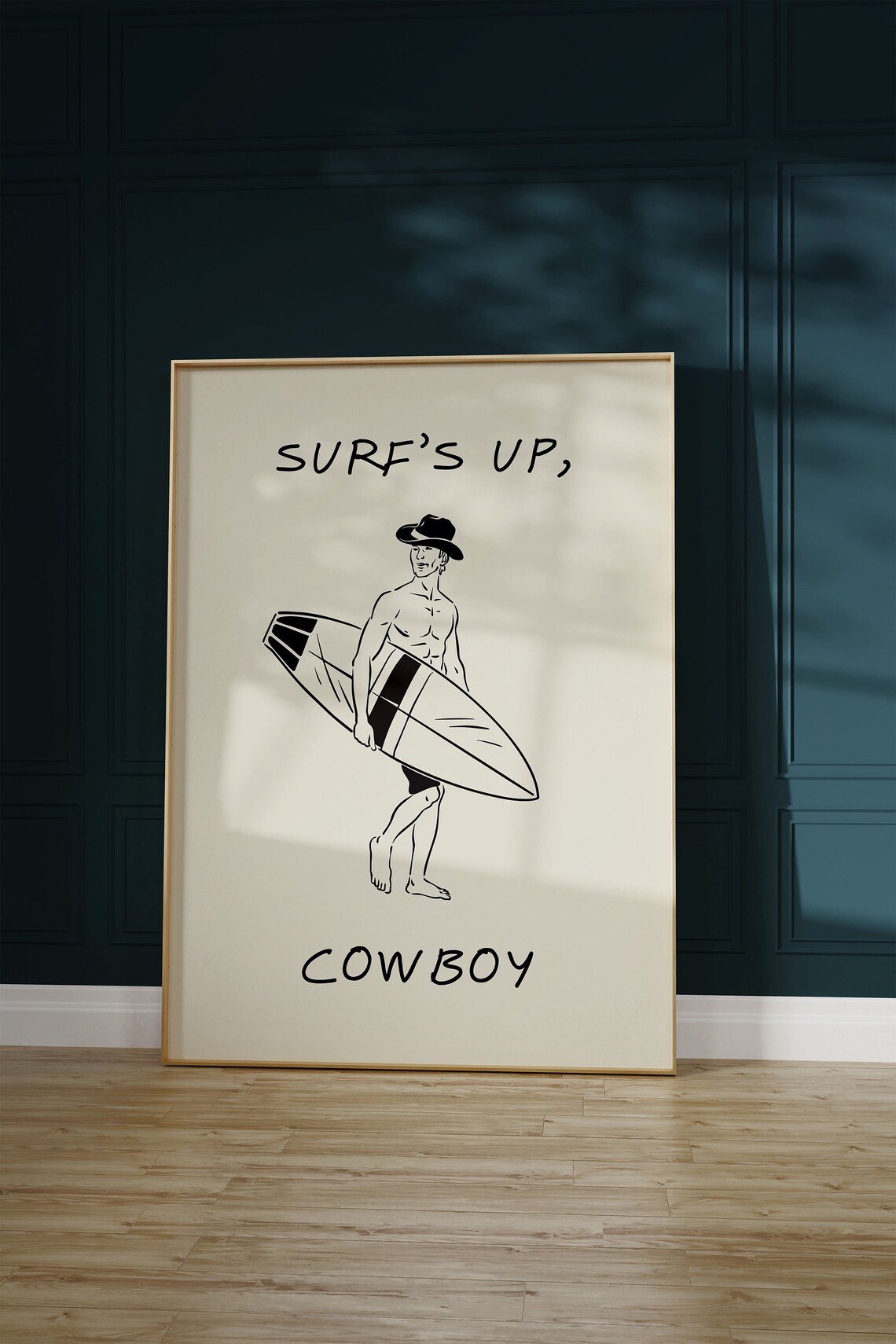 Surf's Up Cowboy Surfboard Western Retro Black Line Art Poster - Image 2