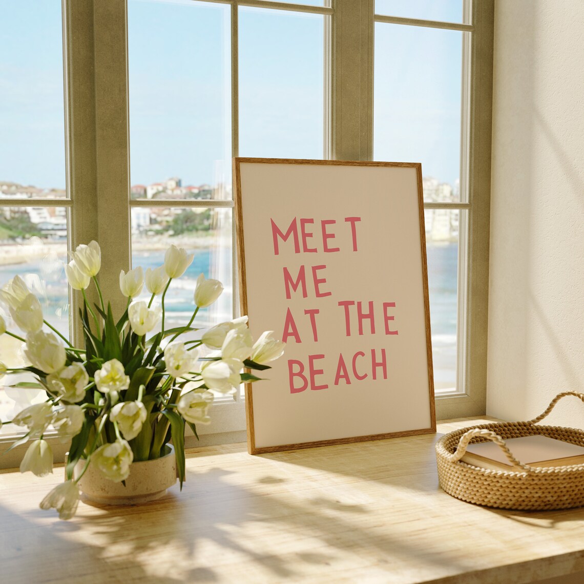 Meet Me At The Beach Pink Coastal Typography Art - Image 2