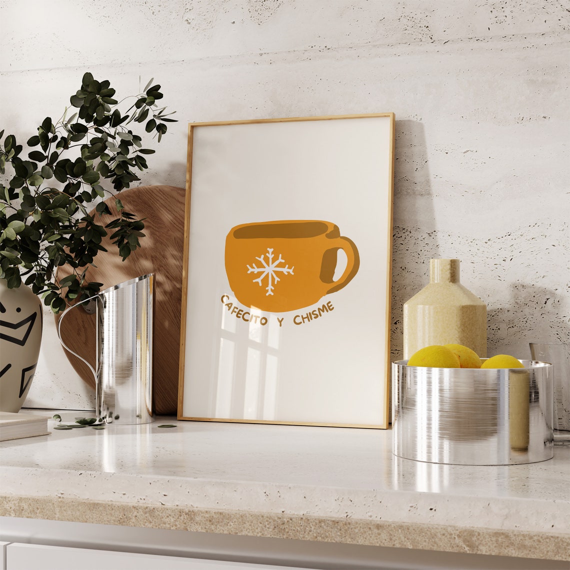 Cafecito Y Chisme Orange Snowflake Mug Spanish Kitchen Poster - Image 2