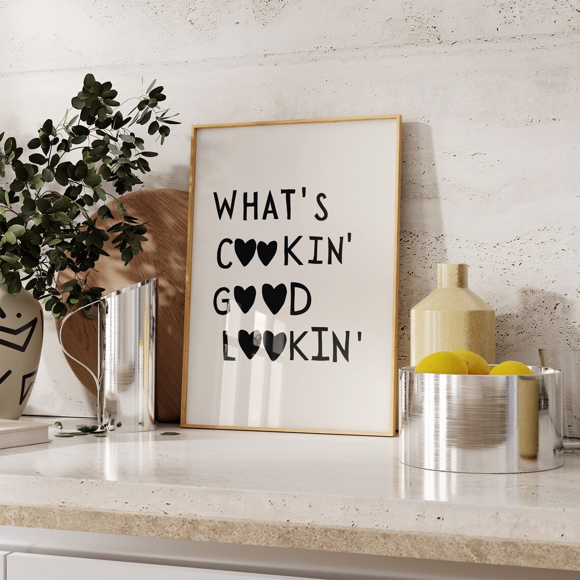 What's Cookin' Good Lookin' Black Heart Letters Kitchen Quote Poster - Image 4