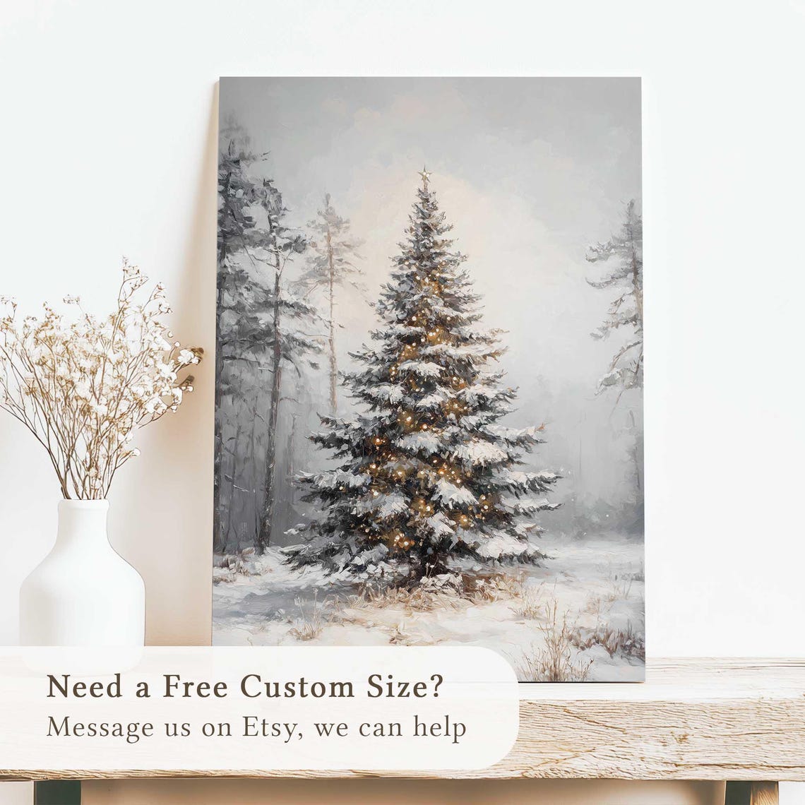 Snowy Christmas Tree Golden Lights Winter Forest Night Wall Art - Image 2