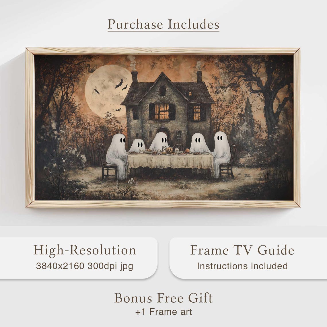 Ghost Tea Party at Haunted House Full Moon Halloween Art Poster - Image 4