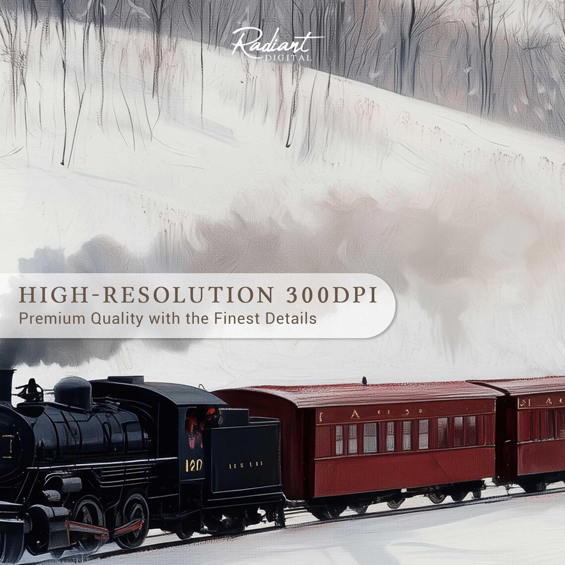 Vintage Steam Train With Red Cars Crossing Snowy Winter Wall Art - Image 3