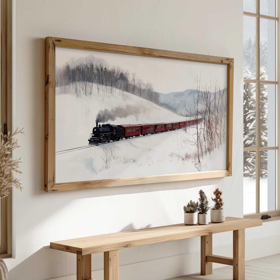 Vintage Steam Train With Red Cars Crossing Snowy Winter Wall Art - Image 2