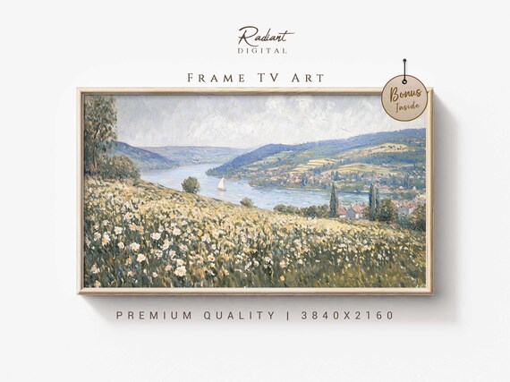 Serene Spring River Valley Flower Meadow Sailboat Scenic Poster