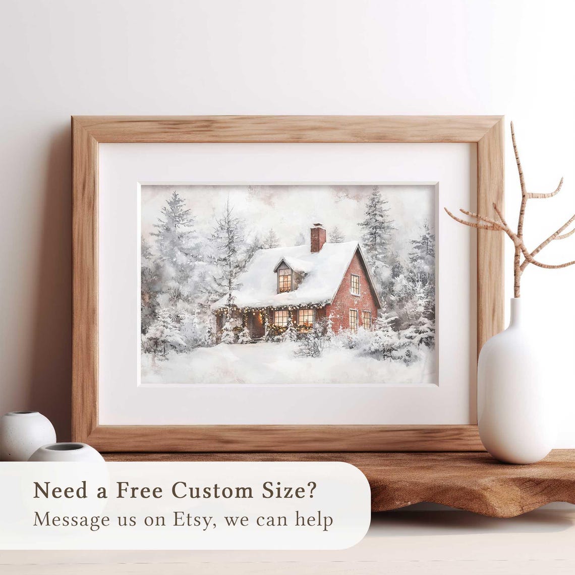 Snowy Red Brick Cottage Glowing Windows Cozy Winter Cabin Wall Art - Image 2