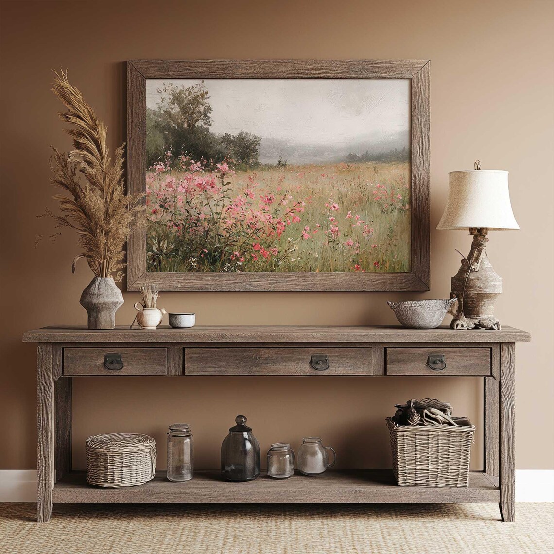 Pink Wildflower Field Misty Meadow Landscape Oil Painting Poster - Image 2