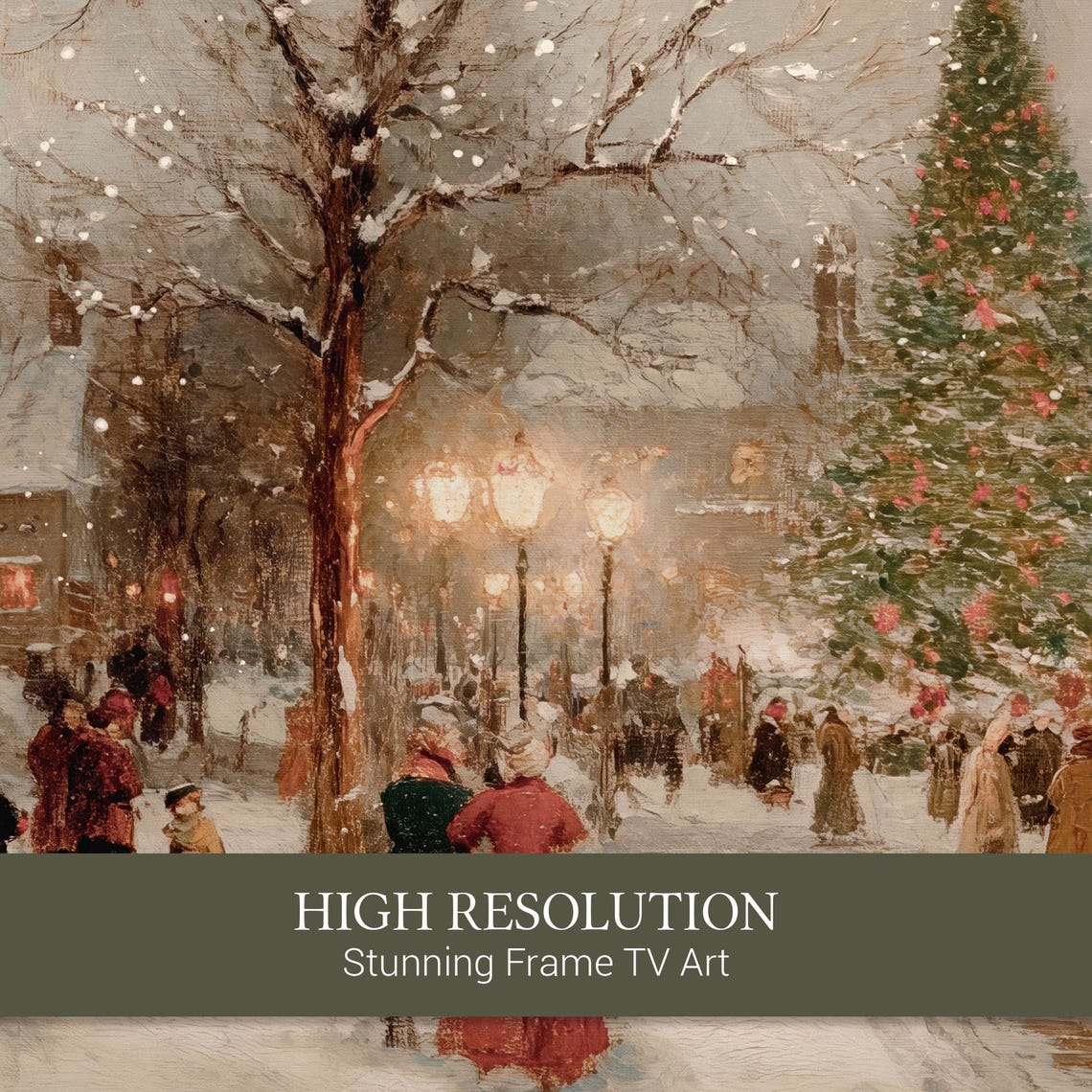 Victorian Christmas Town Square Lit Tree Crowd at Dusk Poster - Image 3